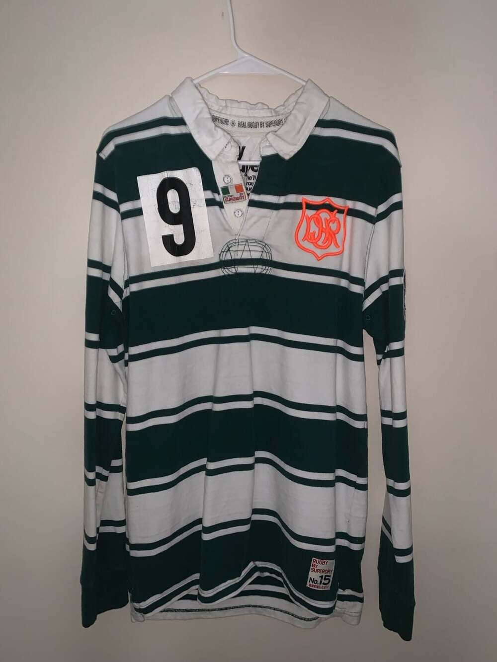 Superdry Ireland Rugby Long Sleeve Polo Shirt Number 9 Green and White Striped